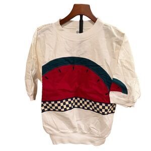 Vtg 80s Quitman Watermelon Graphic‎ Top embroidered White Cotton USA Made sz S